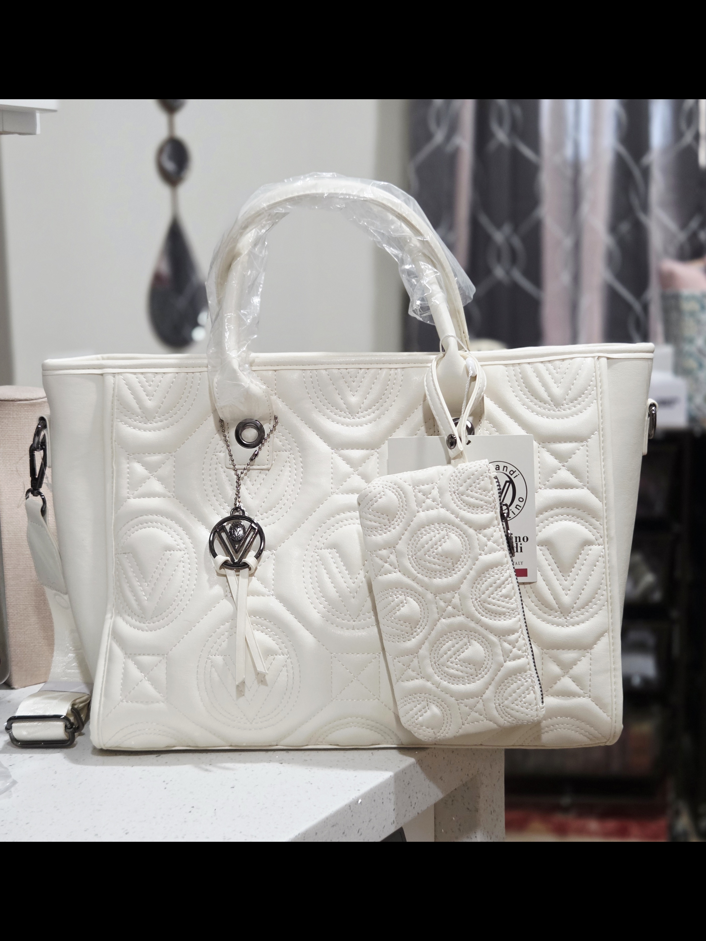 Valentino Orlandi White Quilted Tote Bag With Matching Pouch -